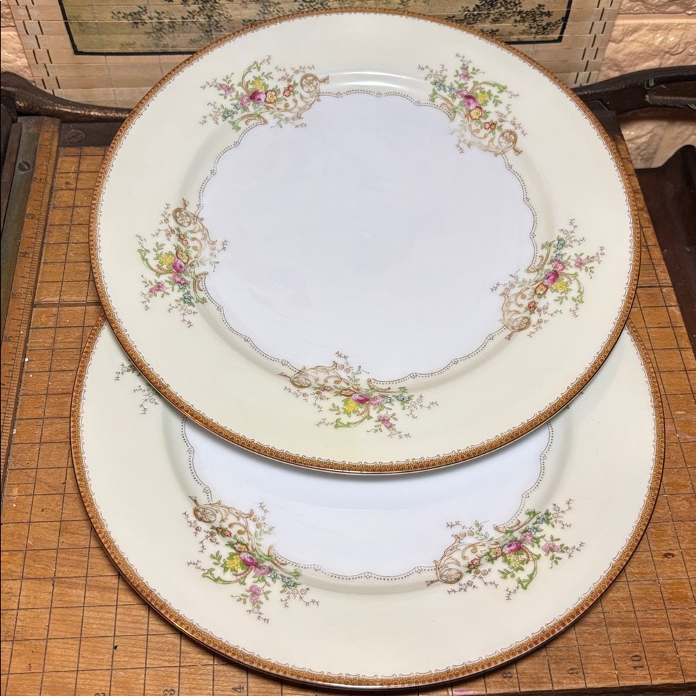 2 Meito Hand Painted Dinner Plates 9 7/8” D Mid Century Mixed Flower Border
